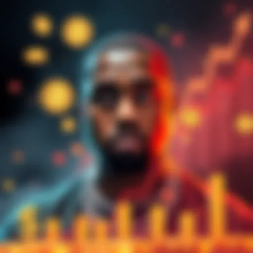 A graphic showing Kanye West with cryptocurrency symbols and rising graphs, illustrating the success of the $YZY token.