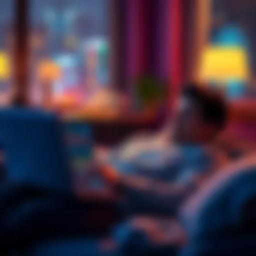 A person relaxing while looking at a crypto portfolio on a laptop, representing long-term investment strategy with KAS.
