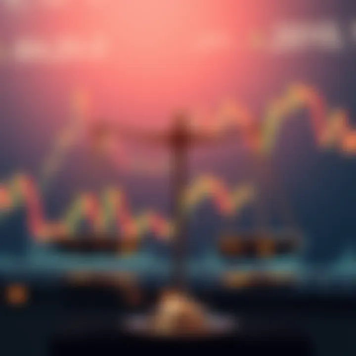 A person weighing options on whether to buy Kaspa cryptocurrency now or wait for a market pullback, with a graph showing market trends in the background.