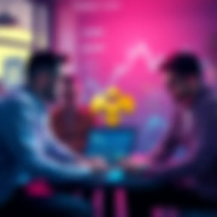 A group of people discussing the legitimacy of Kaspa Coin with a laptop and charts showing cryptocurrency trends.