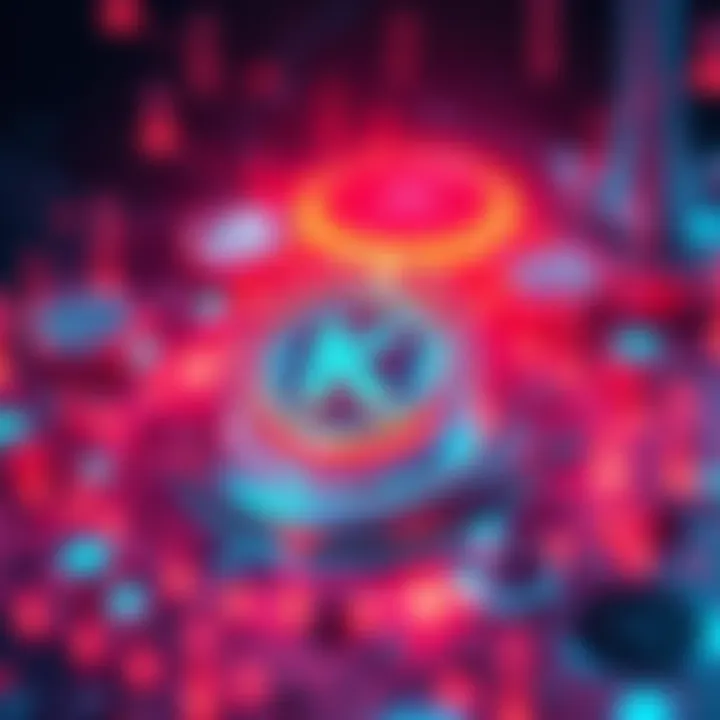 A digital representation of Kaspa cryptocurrency surrounded by futuristic technology symbols and graphics, showcasing innovation in digital transactions.