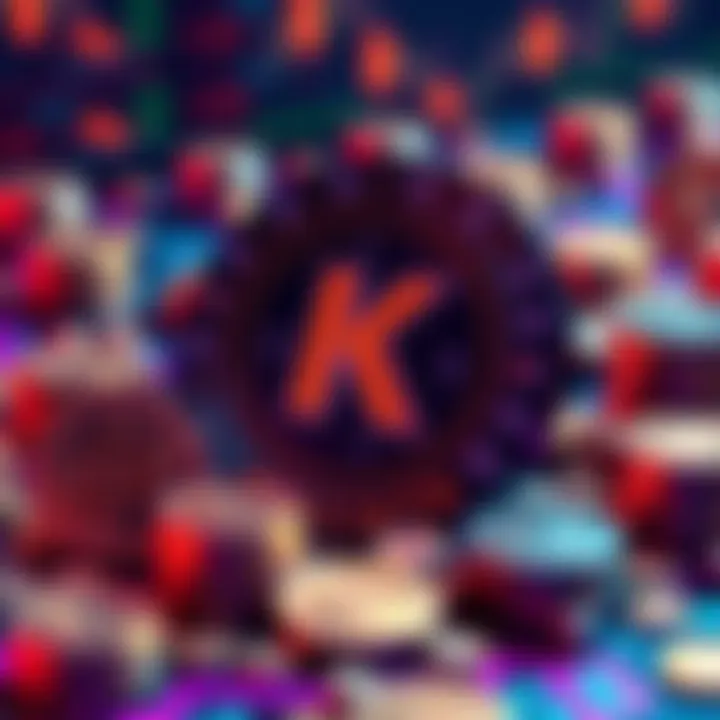 A digital representation of the Kaspa cryptocurrency symbol surrounded by coins and blockchain graphics, symbolizing its future in transactions by 2027.