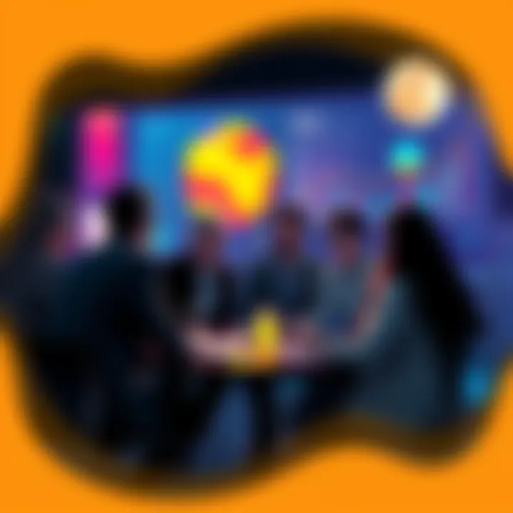 A group of people sharing ideas about investing in Kaspa, with charts and graphs showing potential growth, conveying excitement and opportunity.