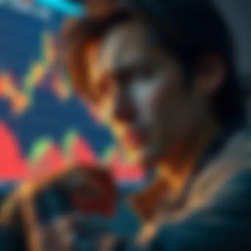 A person looking at a cryptocurrency chart with a worried expression, considering selling a large portion of their investment when Kaspa lists on Coinbase.