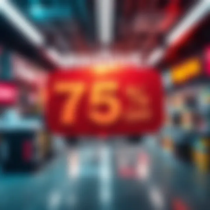 A vibrant graphic showing a big discount tag for Kaspa Power Law products, highlighting a 75% off sale in bold letters and showing popular products in the background