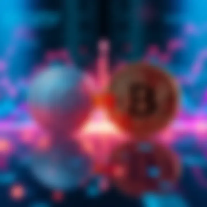 A graphic showing Kaspa and Bitcoin symbols competing against each other, with arrows representing market dynamics.