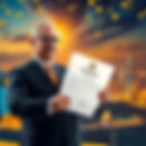 A government official holding a document approving the first Bitcoin ETF in Kazakhstan, with a backdrop of the city's skyline and cryptocurrency symbols
