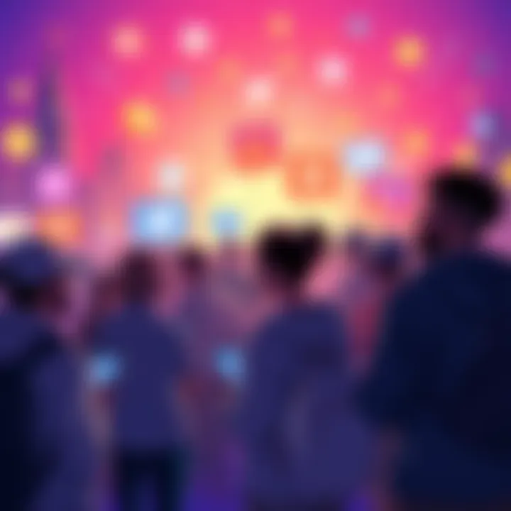 A digital illustration of people engaging in discussions about Kendu on social media platforms, with cryptocurrency symbols in the background.