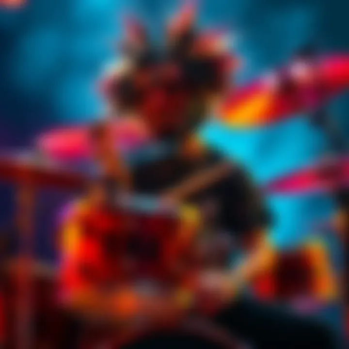 Akabe plays drums wearing a 3D printed Kendu mask while fans share their favorite Led Zeppelin songs online