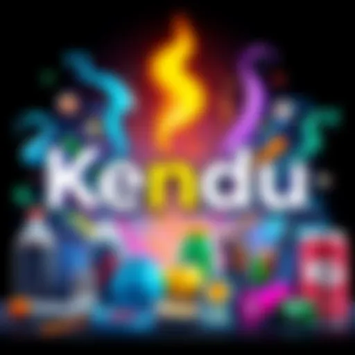 Colorful illustration of Kendu logo with various products like energy drinks and art supplies, symbolizing creativity and community