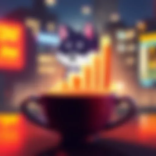 KENDU Inu logo with rising graph and coffee cup, symbolizing growth and community support