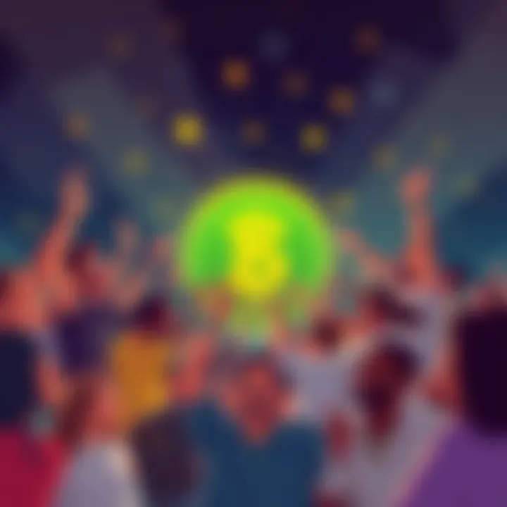 Illustration of a diverse group of people celebrating around a digital currency symbol, representing the Kendu memecoin community.