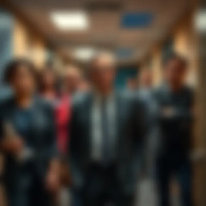 Significant figures leaving a meeting room, looking serious and concerned about their future roles.