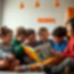 A group of children gathered around a colorful book about Tezos, pointing at illustrations and laughing together.