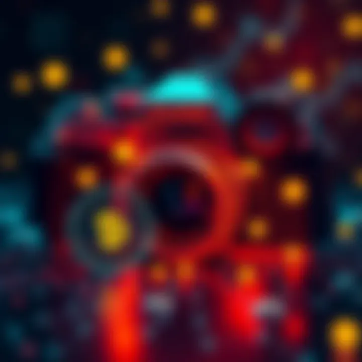 A Kodak camera surrounded by digital blockchain symbols, representing the fusion of photography and technology.