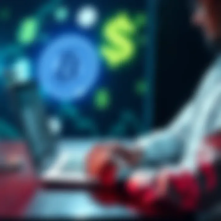 A person using a laptop to make a transaction on the Kraken payment platform, with currency symbols in the background.