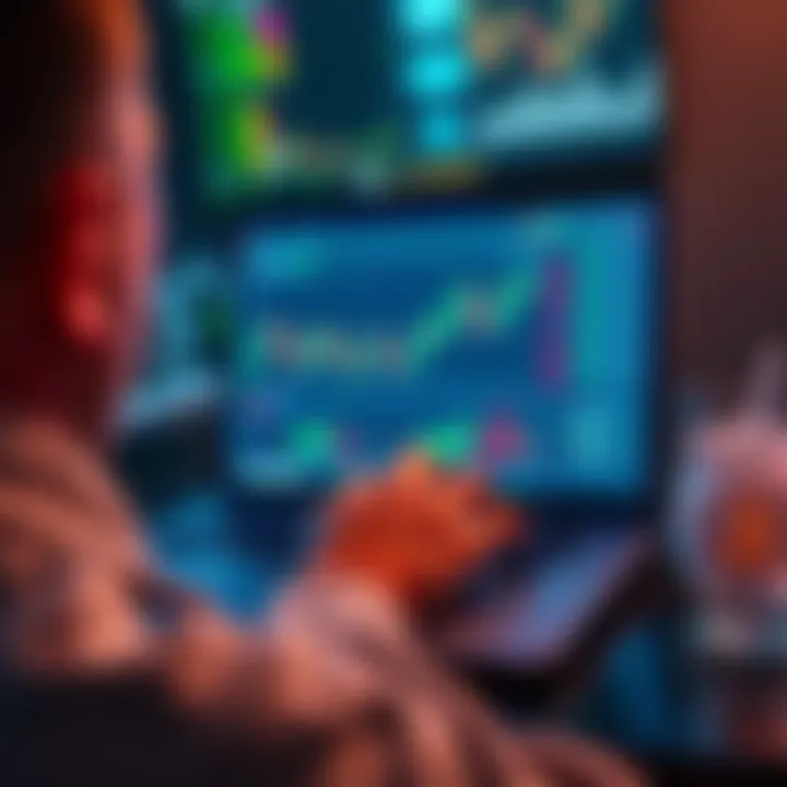 A person using the Kraken crypto platform on a laptop, showing trading interface and charts.