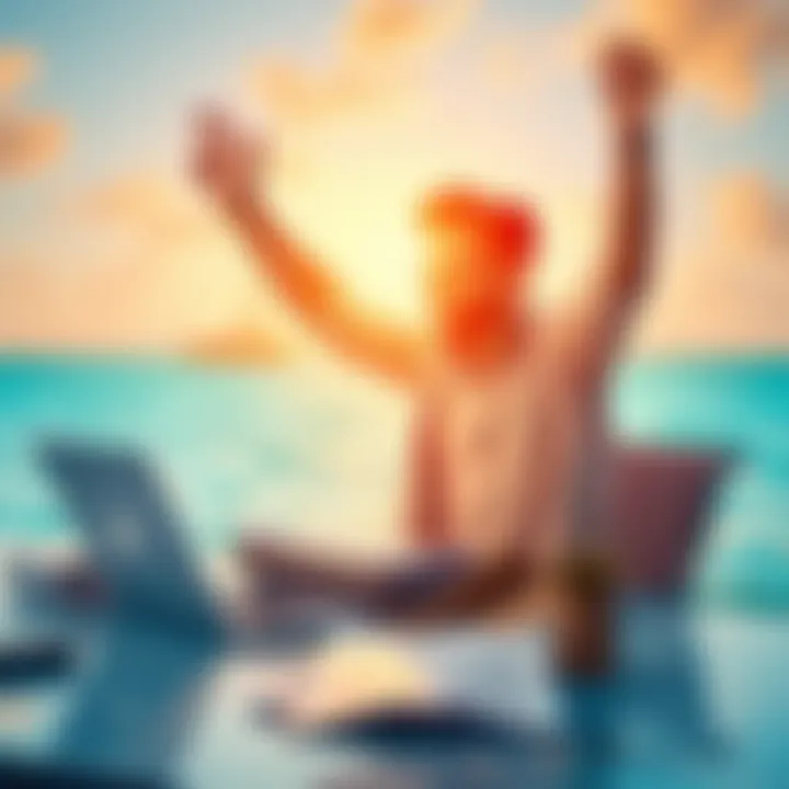 A person celebrating successful KYC verification process in the Bahamas, with a laptop and paperwork around them, showing a sense of relief and happiness.