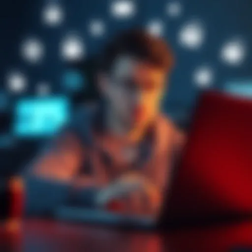 A person looking concerned while using a laptop, with privacy icons surrounding them, representing KYC and online security issues.