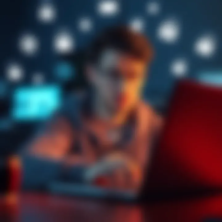 A person looking concerned while using a laptop, with privacy icons surrounding them, representing KYC and online security issues.
