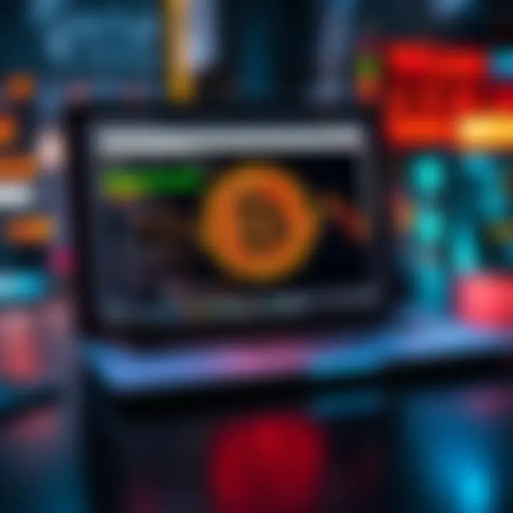 A laptop displaying the Bitcoin logo with mining software open on the screen.