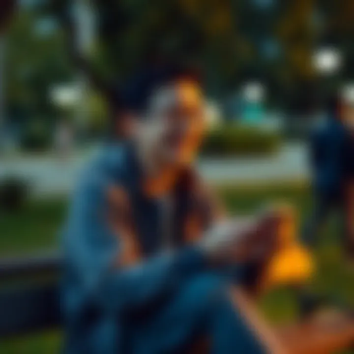 A person sitting on a park bench with a smile and tears, balancing laughter and sadness while watching a comedy show on their phone.