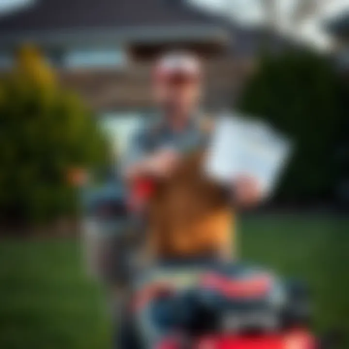A lawn care worker holding a mower and financial documents in a yard, showcasing unexpected financial insights