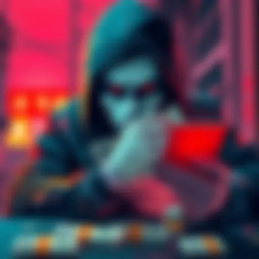 Illustration of cybercrime with a hacker and stolen money symbols representing North Korea's Lazarus Group.