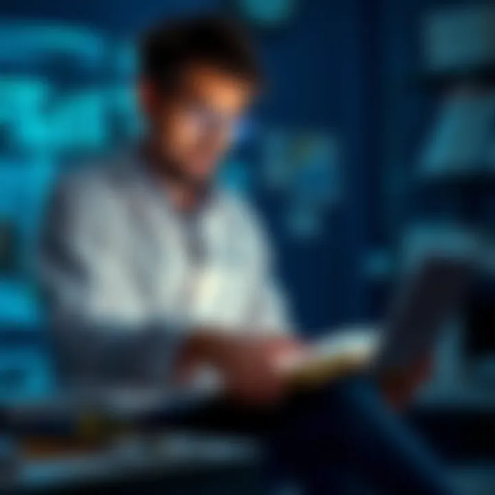 A researcher studying blockchain materials with books and a laptop