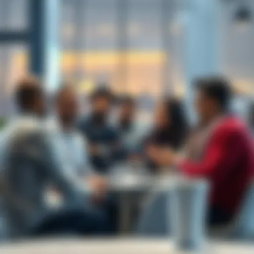 A group of diverse people discussing Ledger's potential Arabic language support in a friendly setting.