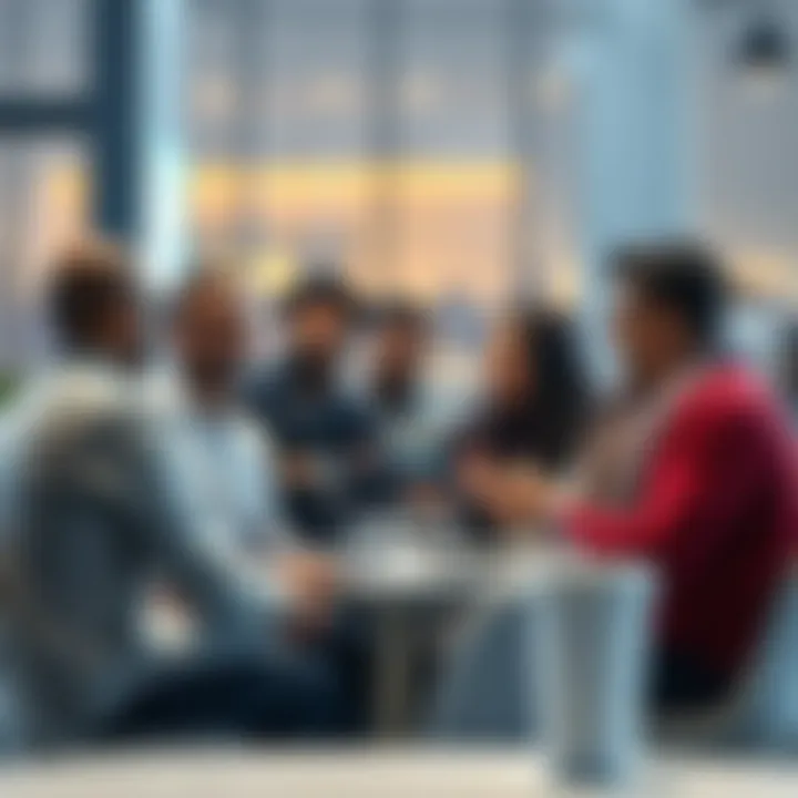 A group of diverse people discussing Ledger's potential Arabic language support in a friendly setting.