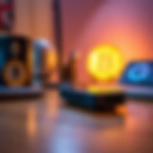 Close-up of a Ledger Nano S device on a wooden desk, with a Bitcoin and Ethereum symbol in the background