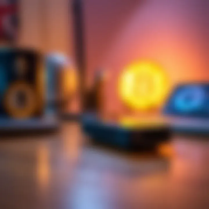 Close-up of a Ledger Nano S device on a wooden desk, with a Bitcoin and Ethereum symbol in the background