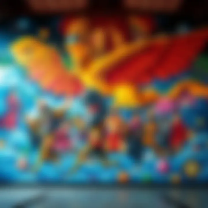 A colorful mural depicting various cultural legends and mythical figures in vibrant scenes, representing their impact on society and culture.