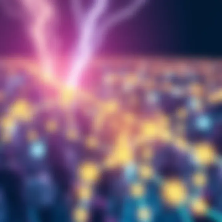 Illustration showing a crowded network of payment channels connecting multiple users, symbolizing scalability issues in the Lightning Network.