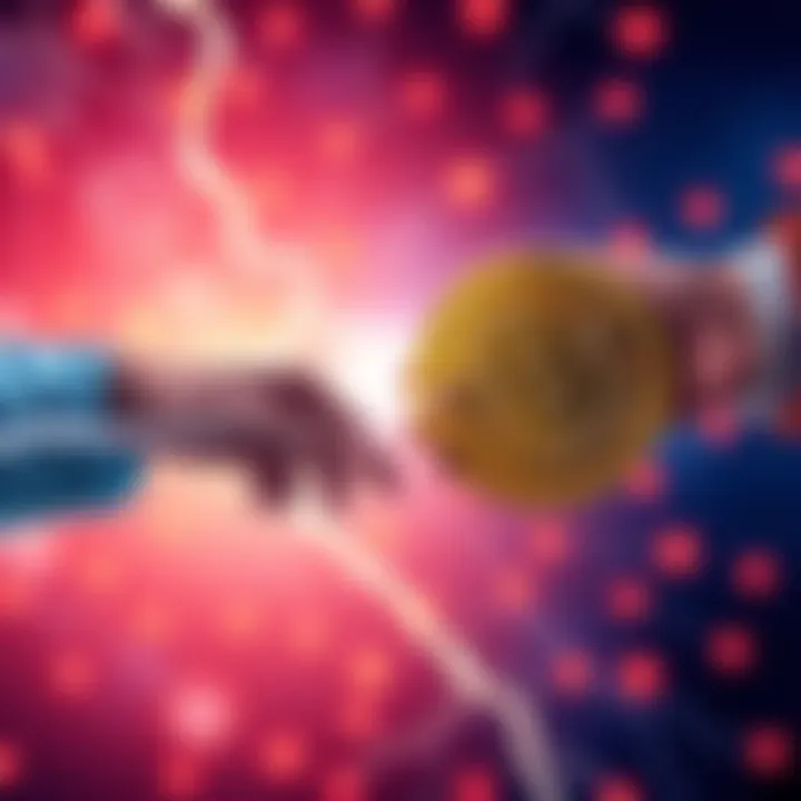 Illustration showing digital coins exchanging hands on the Lightning Network