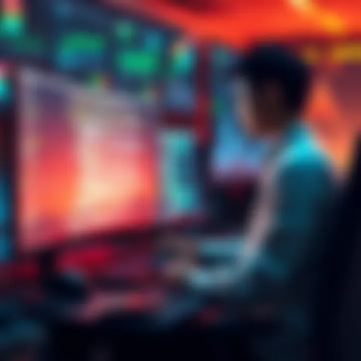 A developer working on a computer code to create a liquidity aggregator on Ethereum, surrounded by charts and data analytics