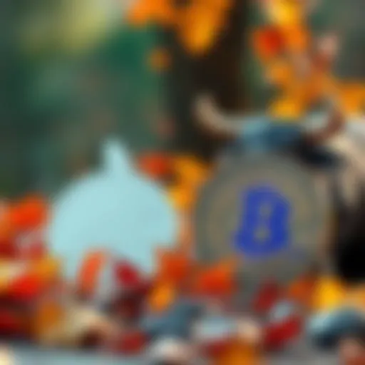 Illustration of Litecoin and Bitcoin coins with Chinese zodiac signs, including a Rabbit and an Ox, set against an autumn backdrop with falling leaves.
