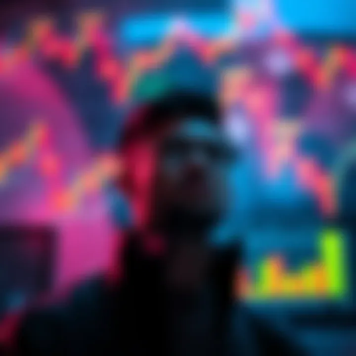 A person contemplating whether to hold or sell Litecoin, with charts showing price trends in the background.