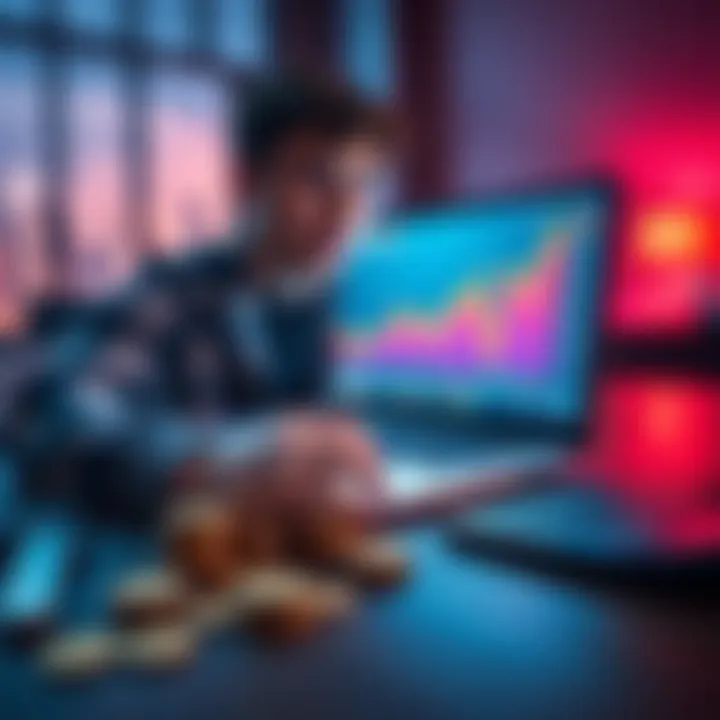 A young person looking at a chart showing Litecoin's recent price drop on a laptop, with coins and a calculator on the table
