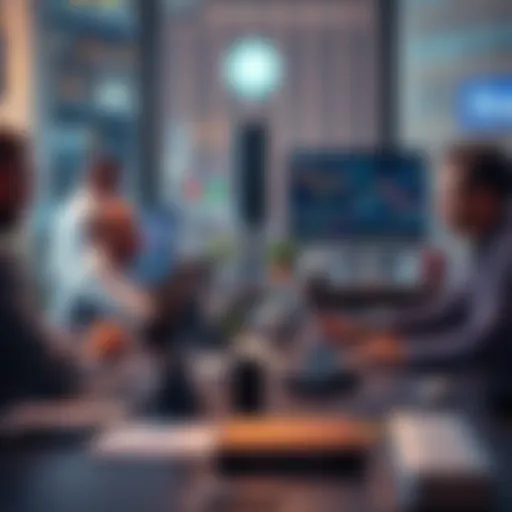 Traders discussing Litecoin charts and strategies at a table with laptops and charts