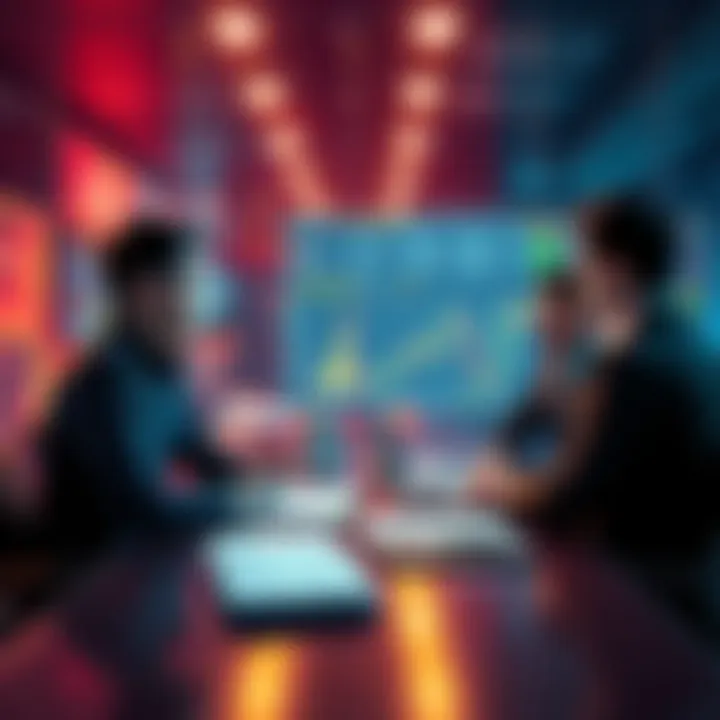 A group of people discussing trading strategies and market trends for Litecoin, with charts and notes visible on a table.