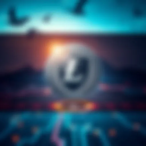 A graphic showing Litecoin's logo with a shield symbol, representing stability and security in cryptocurrency. The backdrop features a digital landscape with Dogecoin's logo, highlighting merged mining.