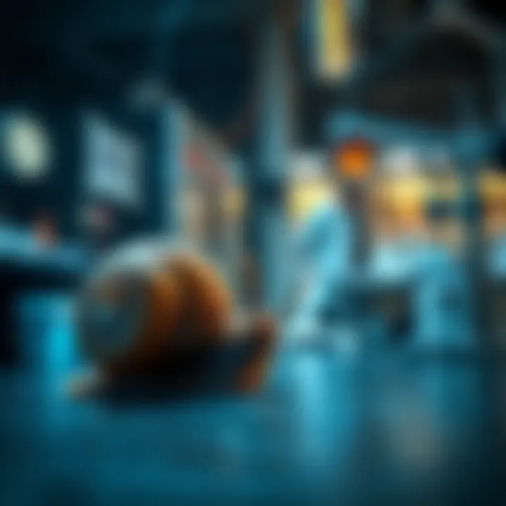 A Litecoin snail observes a physicist working late in a lab on Bitcoin secrets.