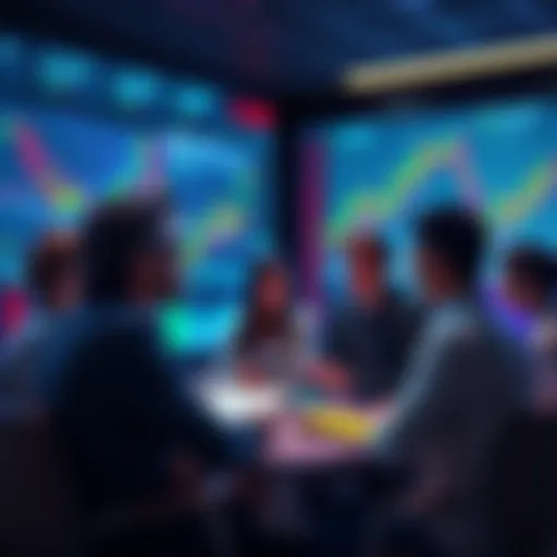 A group of people discussing Litecoin trading strategies with charts and graphs on a screen in the background.
