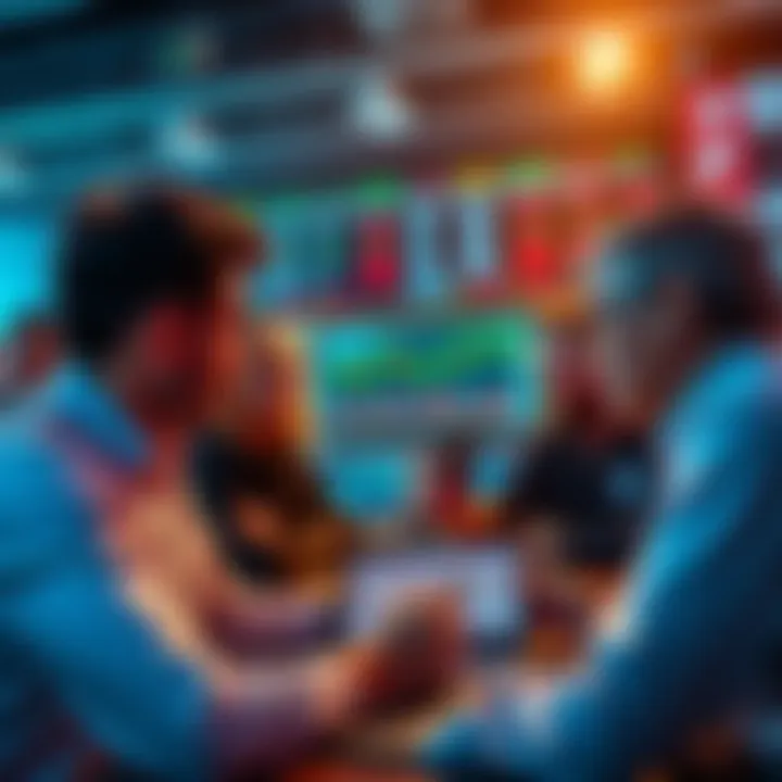 A group of people analyzing charts and discussing Litecoin trading strategies in a lively setting