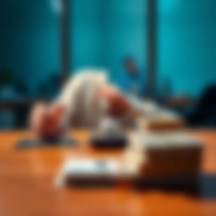 A person sitting at a table, looking at a calculator and a stack of cash, pondering whether to take a loan or save money gradually.