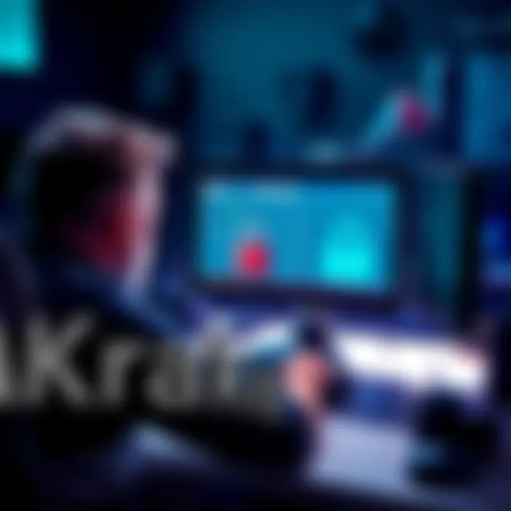 A frustrated person sitting in front of a computer, looking at a locked Kraken account screen with their funds inaccessible.