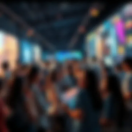 A diverse group of people sharing experiences about Loopring NFTs, surrounded by digital art displays and technology, creating a lively atmosphere.
