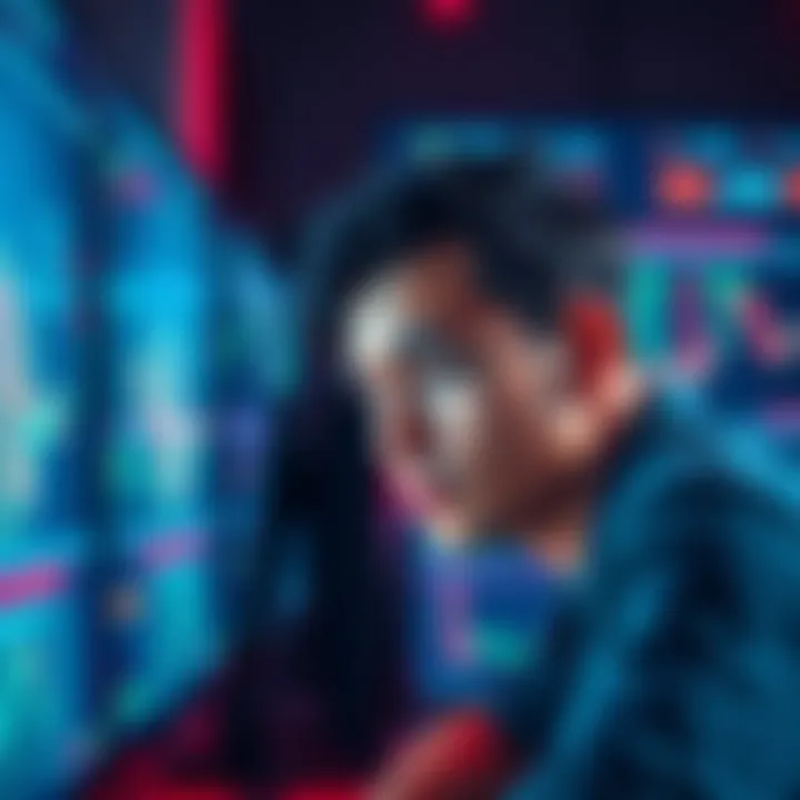 A person looking at their computer screen, confused about missing PLS tokens after a network switch, with digital currency graphics in the background.